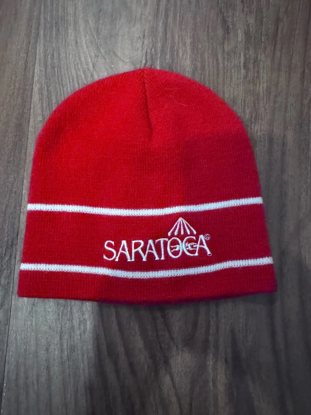 Saratoga Red Knit Beanie with White Stripe
